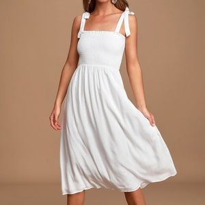 Lulu’s Looking Up White Smocked Tie-Strap Midi Dress